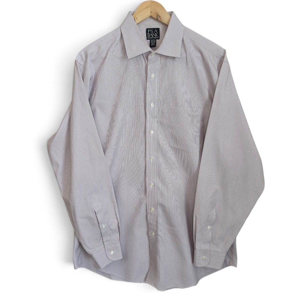 Jos A Bank Dress Shirt Mens 16.5 35 Traveler Tailored Fit Pinstripe Long Sleeve